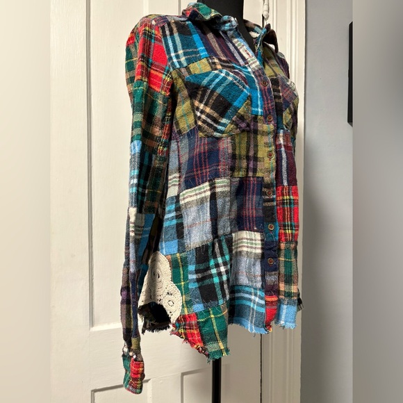 We The Free “Lost in Plaid” Patchwork Flannel Plaid Top with Lace Crochet Sides - Picture 3 of 16